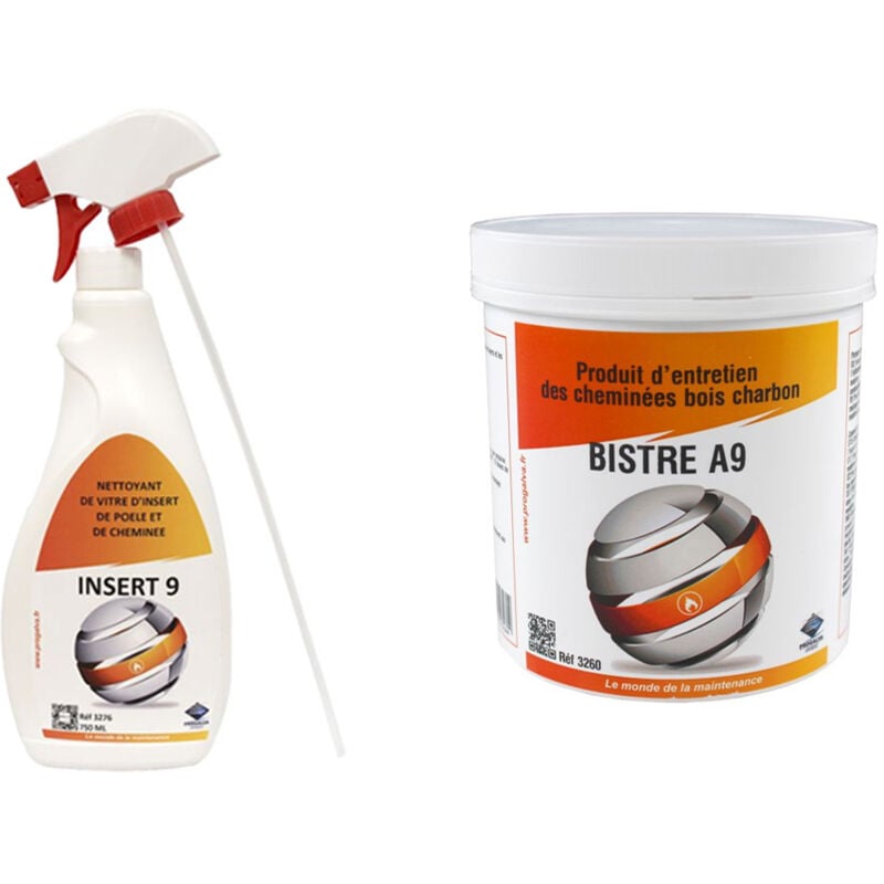 Progalva - Kit d'entretien pour poêles, cheminées et inserts - Insert 9 Nettoyant vitres + Bistre A9 nettoyage cheminée Bois/charbon