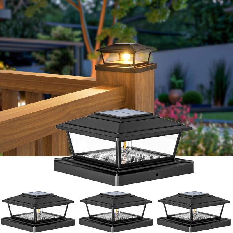 Lot de 4 Lampe Poteau Solaire, 2 Modes LED Capuchon Poteau Solaire IP65 Lampes Poteau Extérieur Étanches, Lampes Solaires pour Jardin Extérieur Patio