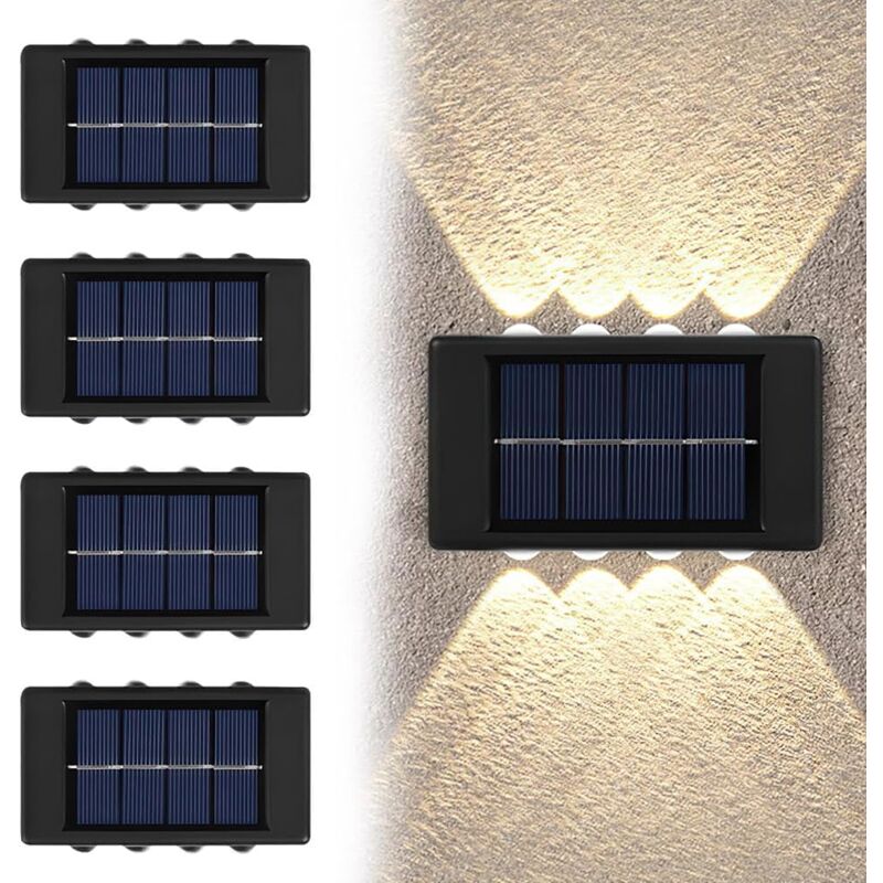 Lot de 4 Lampe Solaire Exterieur, Applique Murale Solaire, Applique Solaire Exterieur, 8LED Lampe Solaire Exterieur Jardin pour Cour, Patio, Balcon,