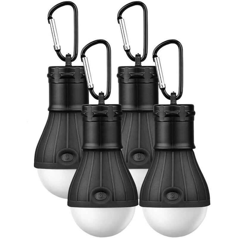 Lot de 4 lampes de camping LED portables avec mousqueton - Lanterne portable - Pour camping, aventure, randonnée, pêche, lumière d'urgence