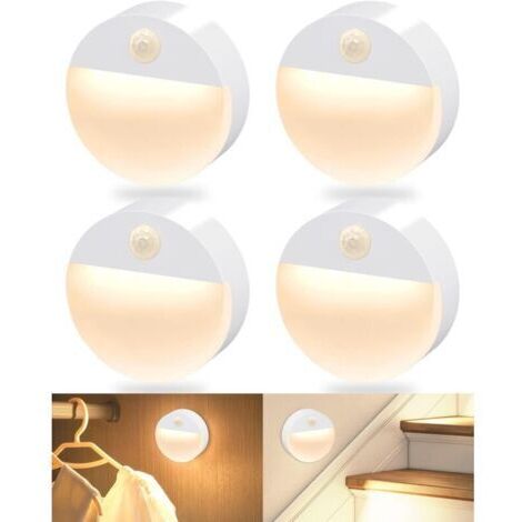 Lot de 4 lampes d'escalier LED à détecteur de mouvement, alimentées par piles, adaptées aux couloirs, lumière blanche chaude.
