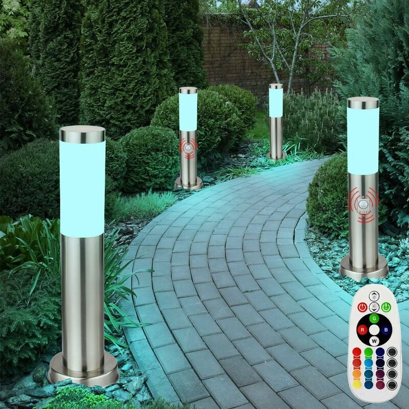 Ensemble de 4 lampes sur pied d'extérieur à led rvb télécommande dimmable détecteur de mouvement en acier inoxydable lumières de chemin de jardin
