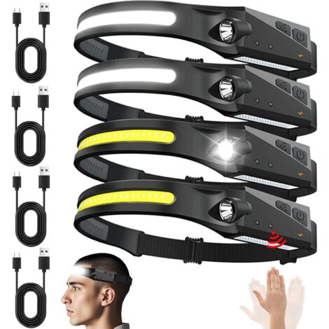 Lot de 4 lampes frontales rechargeables avec détecteur de mouvement - Faisceau large 230°, 5 modes, USB-C, étanches, idéales pour le camping