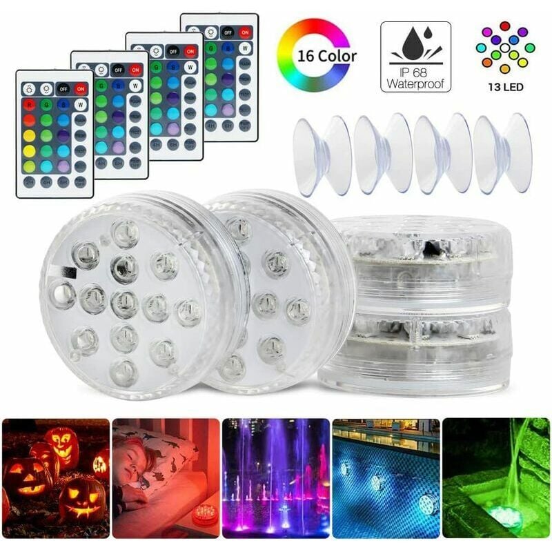 Lot de 4 lampes LED submersibles pour piscine RVB à changement de couleurs IP68 Étanche pour fontaine de piscine, mariage, fête, Halloween, Noël
