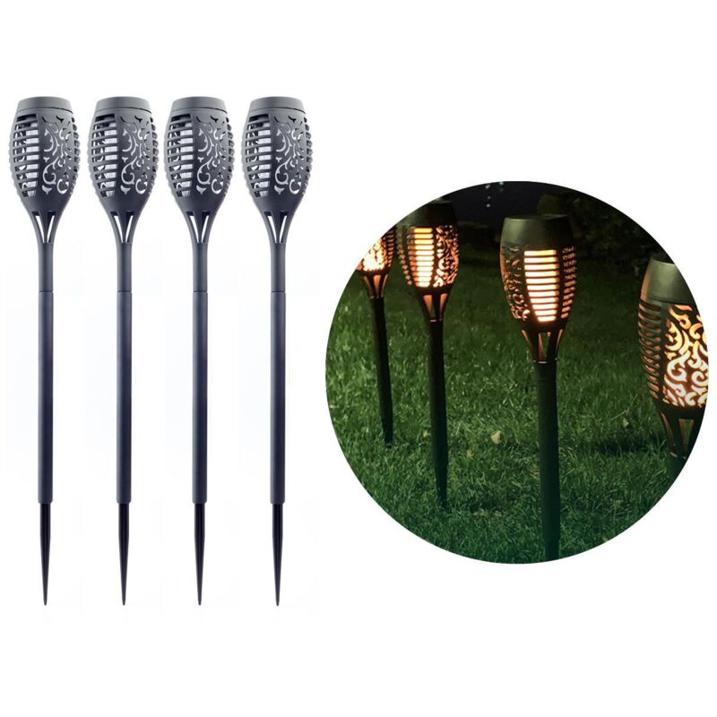 Lot de 4 lampes solaires à 12 LED, effet flamme, pour jardin ou terrasse, étanches.