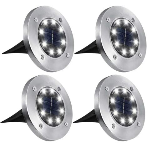 Lot de 4 lampes solaires à disque de 8 LED pour jardins extérieurs, éclairage solaire enterré, éclairage de terrasse, projecteurs, lampes solaires LED enterrées - Lumière blanche