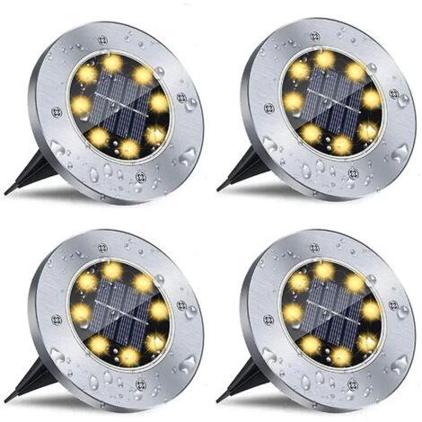 Lot de 4 lampes solaires à disque de 8 LED pour jardins extérieurs, éclairage solaire enterré, lampes de terrasse, projecteurs, lampes solaires LED enterrées - Lumière chaude