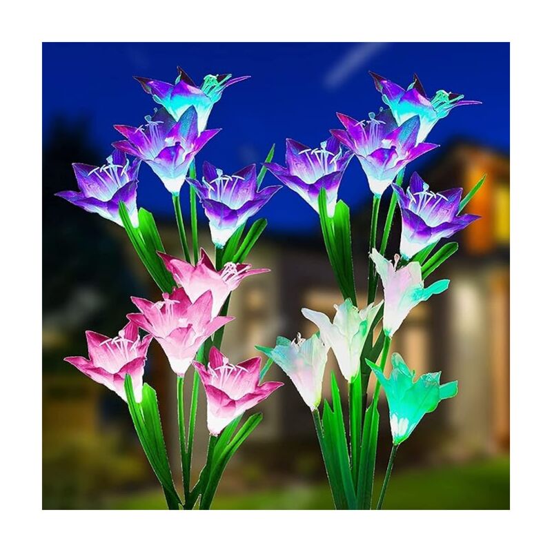 Lot de 4 , lampes solaires de d'extérieur jardin, couleurs changeantes avec 16 fleurs de lys solaires plus grandes,IP65 étanche Lampe Solaire pour