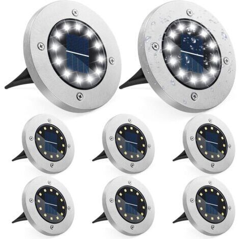 Lot de 4 lampes solaires de jardin, 16 spots LED encastrés étanches en acier inoxydable pour allées, terrasses, jardins, pelouses et sols, blanc froid.