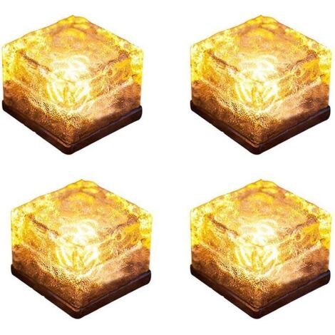 Lot de 4 lampes solaires décoratives en forme de brique de glace pour allée de jardin, blanc chaud