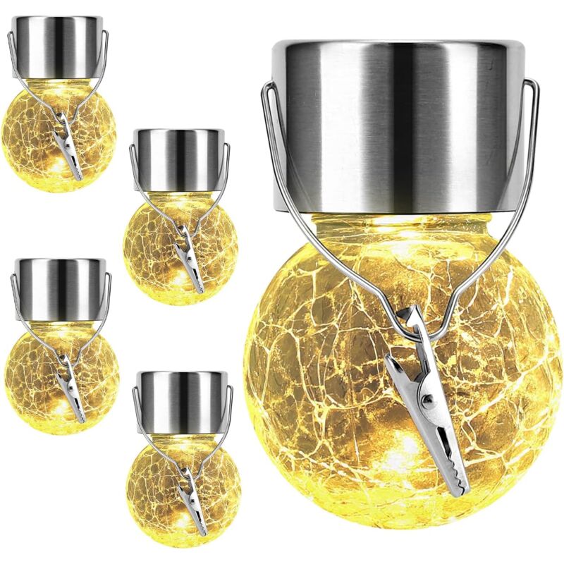 ZVD - Lot de 4 lampes solaires d'extérieur à suspendre - Boules de verre craquelées étanches à énergie solaire - Décoration de jardin, balcon,