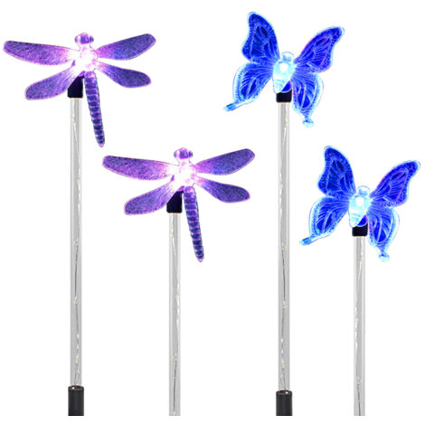 Lot de 4 lampes solaires LED à piquer pour jardin, papillons et libellules à couleurs changeantes. Décoration lumineuse pour allée, cour, pelouse et terrasse.