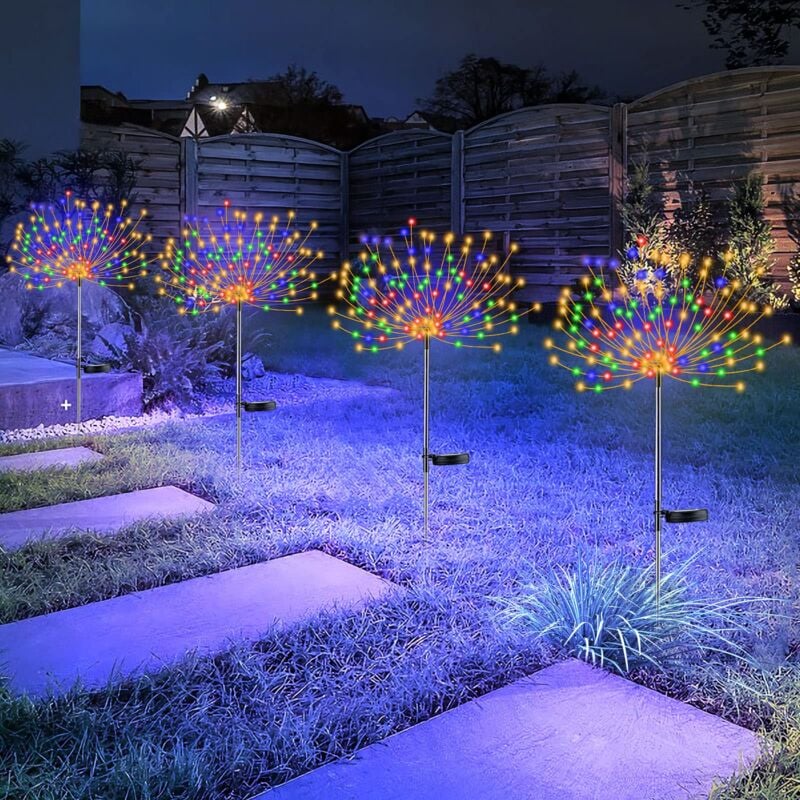 Lot de 4 lampes solaires pour feu d'artifice - 120 led - 40 fils de cuivre - Pour allée, jardin, jardin, décoration de Noël (coloré)