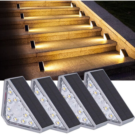 Lot de 4 lampes solaires pour marchepieds, éclairage de terrasse LED extérieur étanche IP67 éclairage de clôture solaire blanc chaud