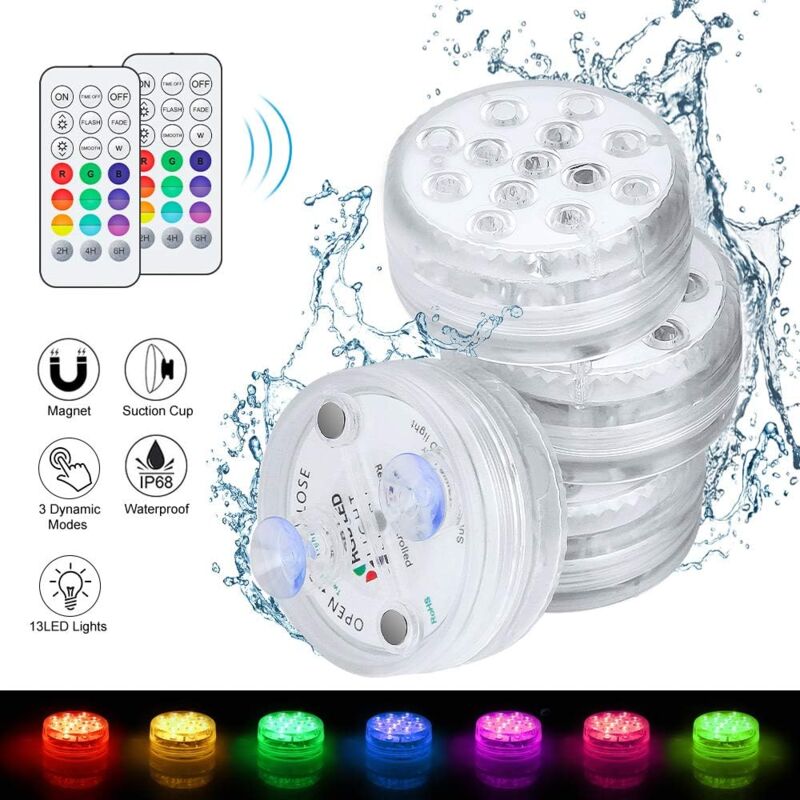 Lot de 4 lampes submersibles à led, lampes de piscine IP68 étanche 16 rvb avec ventouse pour baignoire
