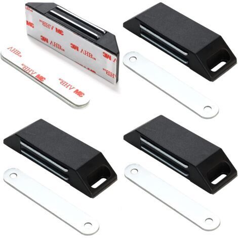 Lot de 4 Loqueteaux Magnétiques Auto-Adhésifs - Pas de Perçage - Aimants de Porte pour Meubles, Fermeture Magnétique - Noir