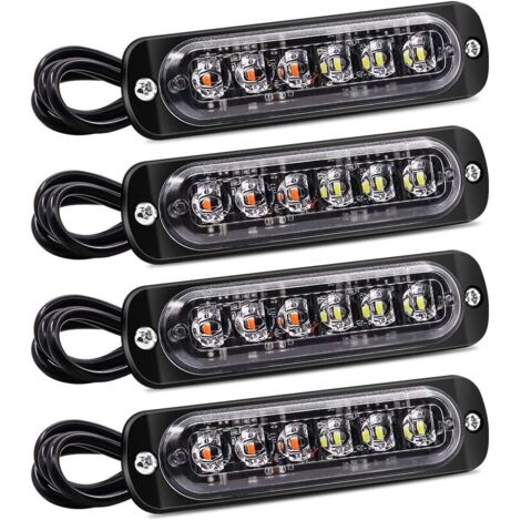 Lot de 4 lumières stroboscopiques 6 LED – Étanches orange et blanche – 18 modèles de clignotement – 12V 24V pour camion et voiture