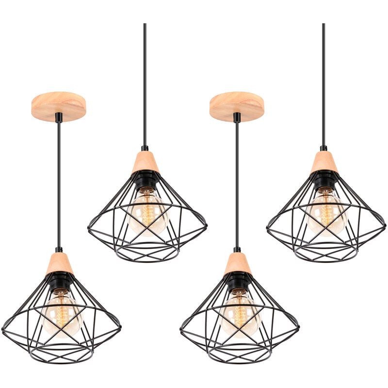 Lot de 4 Lustre Suspension Cage Design en Métal et Bois Rétro Lampe Plafonnier Luminaire pour Chambre Couloir Escalier Noir