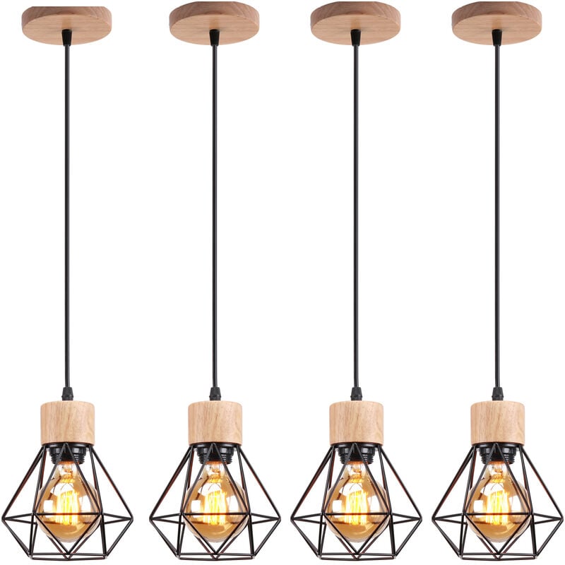 Lot de 4 Lustre Suspension Cage Diamant en Métal E27 Plafonnier Luminaire en Bois Noir