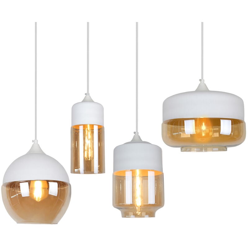 Lot de 4 Lustre Suspension en Verre Design E27 Luminaire Modern pour Chambre Hôtel - Blanc Ambre