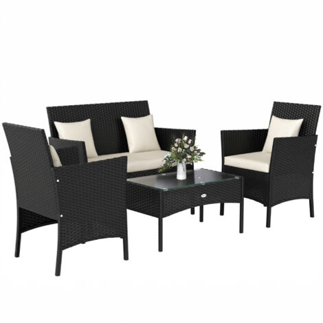 Lot de 4 meubles de jardin en rotin : 2 fauteuils, canapé 2 places et table basse