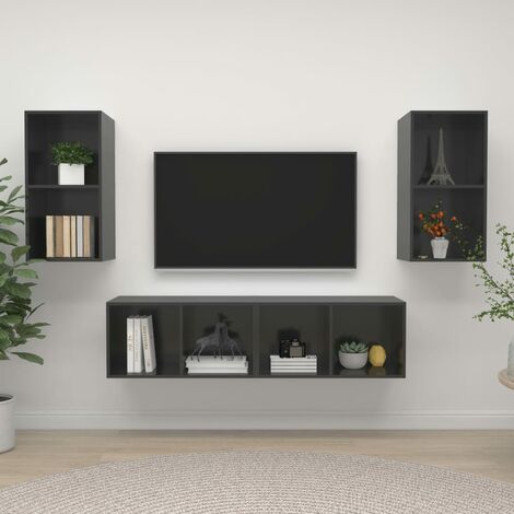 Lot de 4 Meubles TV muraux Banc TV de Salon,Design de luxe Gris brillant Aggloméré -FR22599