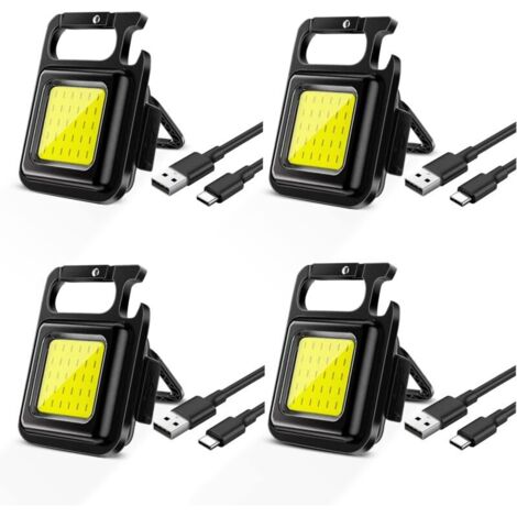 Lot de 4 mini lampes LED portables rechargeables 500 lumens, porte-clés magnétique, lampe de travail avec support pliable pour camping, réparation, urgence [Classe énergétique A+]
