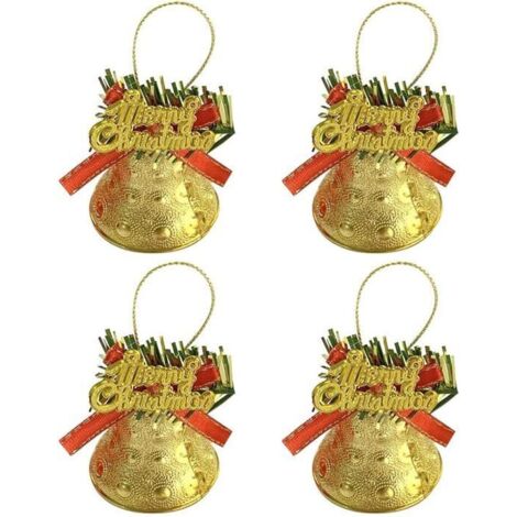 Lot de 4 mini nœuds de Noël avec clochettes, pour sapin, décoration de fête et intérieur (doré).