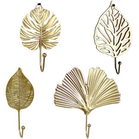 Lot de 4 mini supports muraux en métal avec style feuille pour vêtements, sac à main, écharpe, clés - Doré