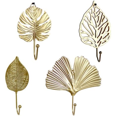 Lot de 4 mini supports muraux en métal avec style feuille pour vêtements, sac à main, écharpe, clés - Doré