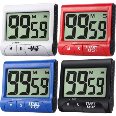 Lot de 4 minuteurs de cuisine numériques à grand écran avec alarme puissante - Noir, blanc, rouge, bleu