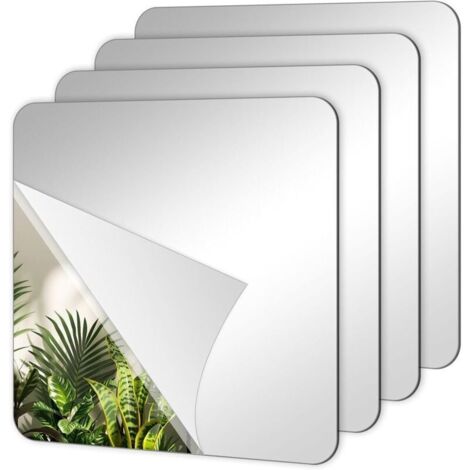 Lot de 4 miroirs adhésifs - Miroir acrylique à coller - 15 x 15  - Autocollant mural - Miroir mural flexible - Pour salle de bain. salon. chambre à coucher
