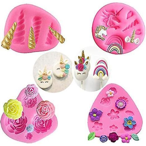 lot De 4 , Moule En Silicone Mini Licorne, Licorne Oreilles Corne Arc-en-fleurs Et Feuilles, Moule  Chocolat Fondant Cupcake Toppers Pour Licorne