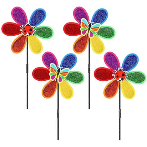 Lot de 4 moulins à vent pour jardin, motif arc-en-ciel de fleurs colorées (voir photo).