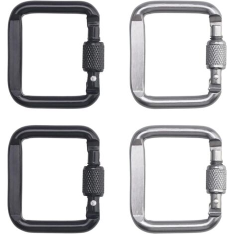 Lot de 4 mousquetons en aluminium avec bouchon à vis pour l'escalade, le camping, la randonnée, les voyages, la pêche et les sacs à dos (argenté, noir)