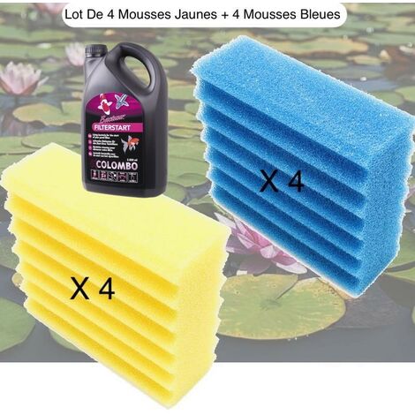 Lot De 4 Mousses Bleues + 4 Mousses Jaunes, + Bactéries 2500 ml De Filtration, De Remplacement,