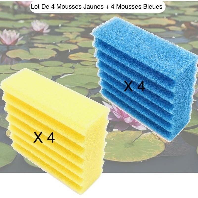 Lot De 4 Mousses Bleues + 4 Mousses Jaunes, De Filtration, De Remplacement, - 4 Mousses Jaunes + 4 Mousses Bleues