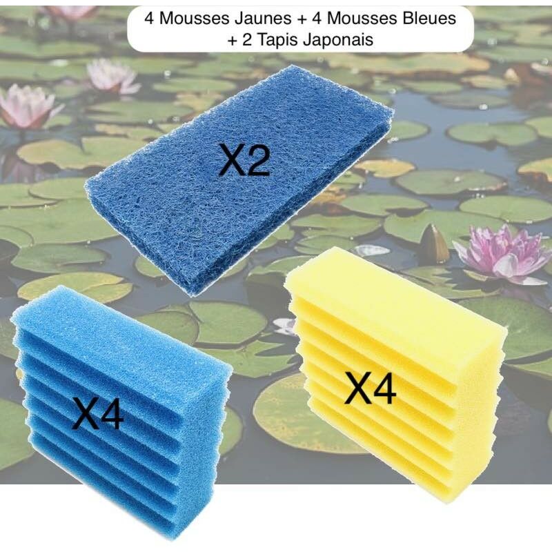 Le Poisson Qui Jardine - Lot De 4 Mousses De Filtration Jaunes + 4 Bleues + 2 Tapis Japonais, De Remplacement Pour Bassins - 4 Mousses Jaunes + 4