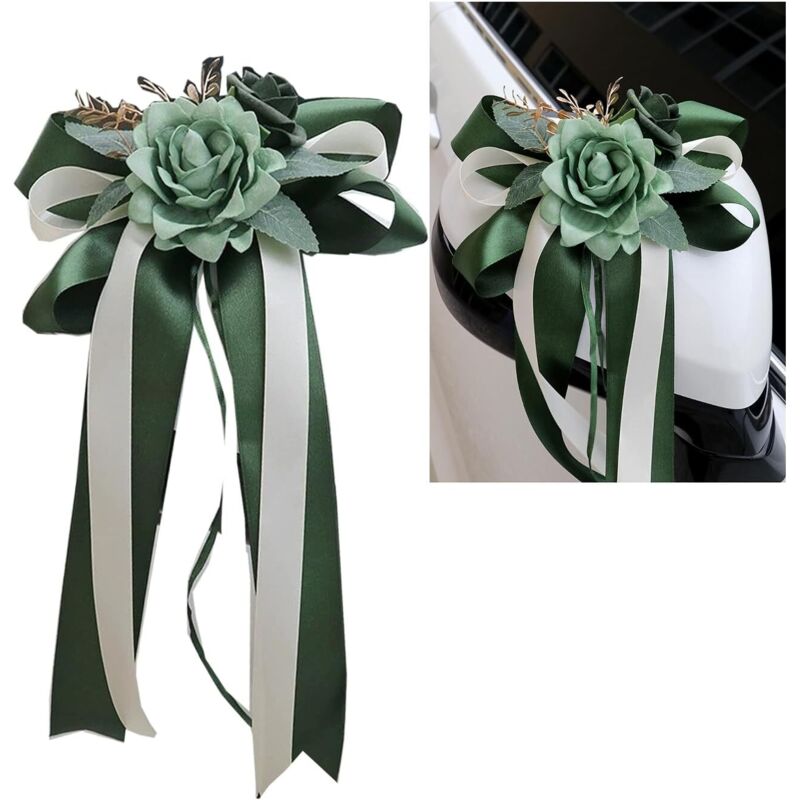 Lot de 4 nœuds de voiture en soie - Décoration de voiture de mariage - Simulation de rose - Nœud de voiture - Poignée de porte - Rétroviseur