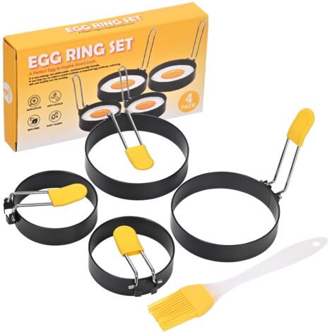 Lot de 4 omelettes, anneaux à œufs antiadhésifs, moule à omelette en inox avec pinceau et manche en silicone anti-brûlure pour omelettes, pain de viande, crêpes