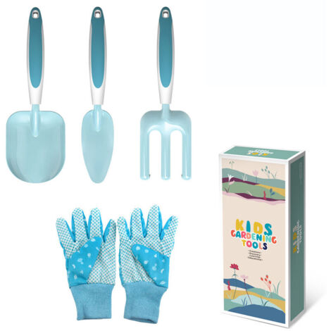 Lot de 4 outils de jardinage pour enfants - Truelle râteau et fourchette - Gants de jardinage - Mini ensemble d'outils de jardinage pour la plage et le jardin