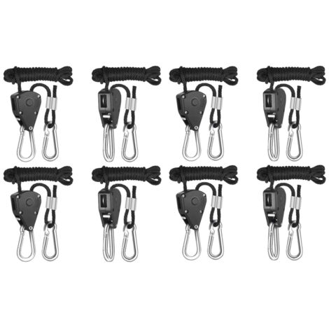 Lot de 4 paires de mousquetons réglables robustes de 3 mm (1/8 pouce) de diamètre et 2,4 m (8 pieds) de long (capacité de charge de 68 kg [150 lb]), en métal renforcé, noirs.