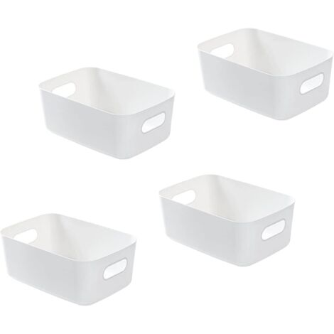 Lot de 4 Panier de Rangement en Plastique Blanc, Panier Plastique Rangement, Panier en Plastique avec Anse pour Placards Empilables, Cuisine, Chambre,Salle de bain,Bureau, 19x13.5x7.5cm (Blanc)