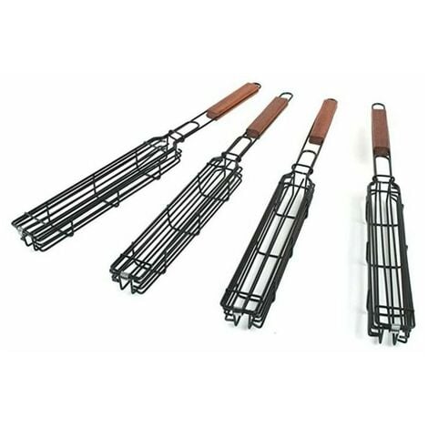 NAXUNNN Lot de 4 paniers de barbecue avec grille verrouillable à long manche en bois - Antiadhésifs - En acier inoxydable - Pour barbecue, poissons, légumes, saucisses, oignons
