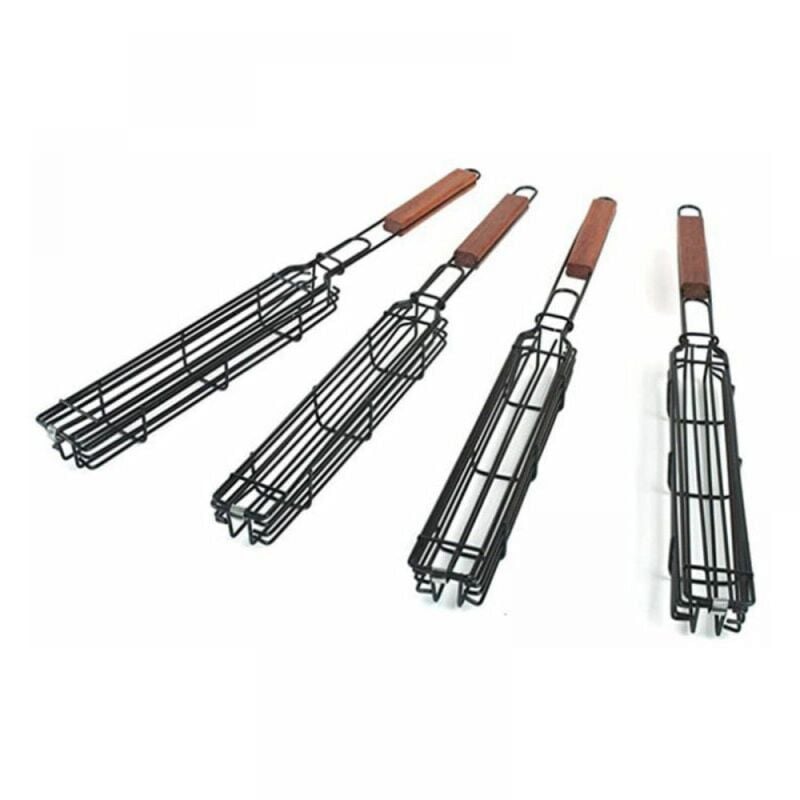 Serbia - Lot de 4 paniers de barbecue avec grille verrouillable à long manche en bois - Antiadhésifs - En acier inoxydable - Pour