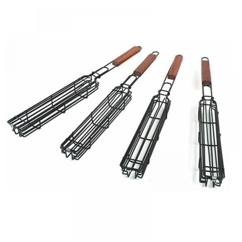 Lot de 4 paniers de barbecue avec grille verrouillable à long manche en bois - Antiadhésifs - En acier inoxydable - Pour