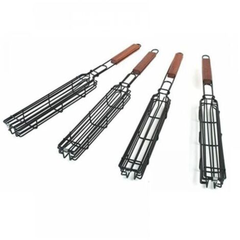 Lot de 4 paniers de barbecue avec grille verrouillable à long manche en bois - Antiadhésifs - En acier inoxydable - Pour barbecue,poissons,légumes,saucisses,oignons