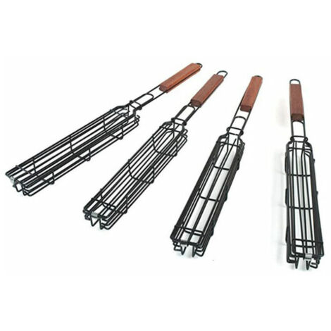 Lot de 4 paniers de barbecue avec grille verrouillable à long manche en bois - Antiadhésifs - En acier inoxydable - Pour barbecue,poissons,légumes,saucisses,oignons
