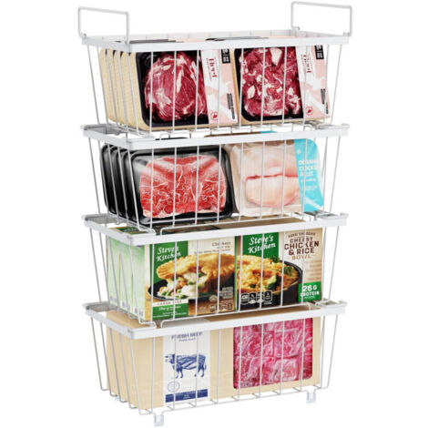 Lot de 4 paniers de congélateur blancs – Panier de rangement en métal pour cuisine, avec poignées, paniers
