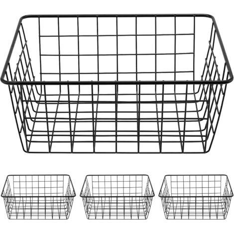 Lot de 4 paniers de rangement en fil métallique noir avec poignées, idéaux pour la cuisine, le garde-manger, le dressing ou la chambre.